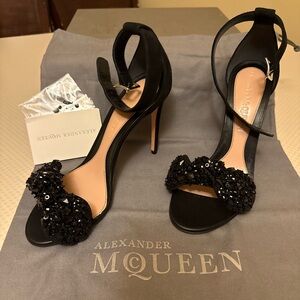 Alexander McQueen Size 9 1/2 Black Suede Heels with sequin Bow.